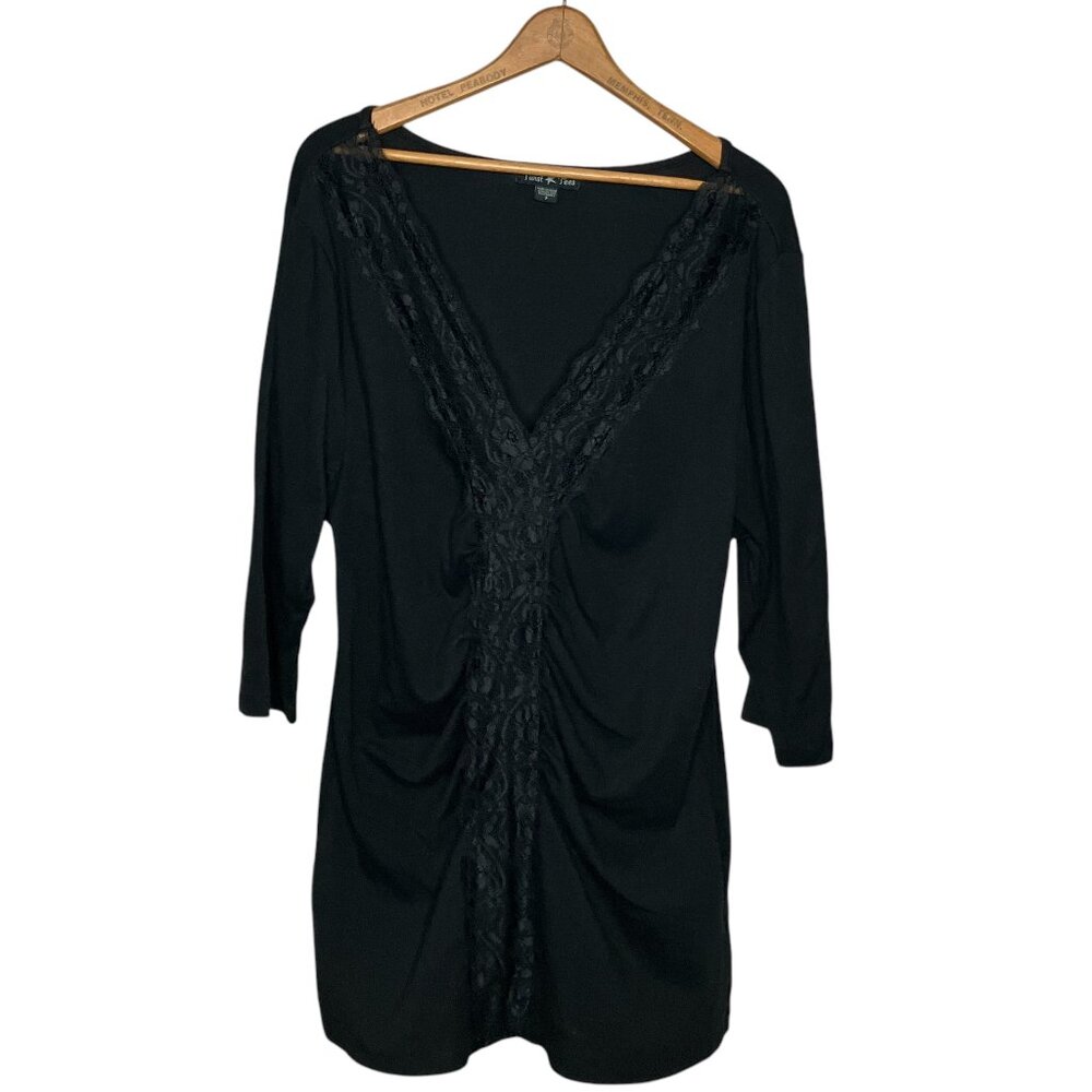 Twist Tees by Torrid 2 2X Black Lace V-Neck Shirred Middle Knit Shirt Top Plus